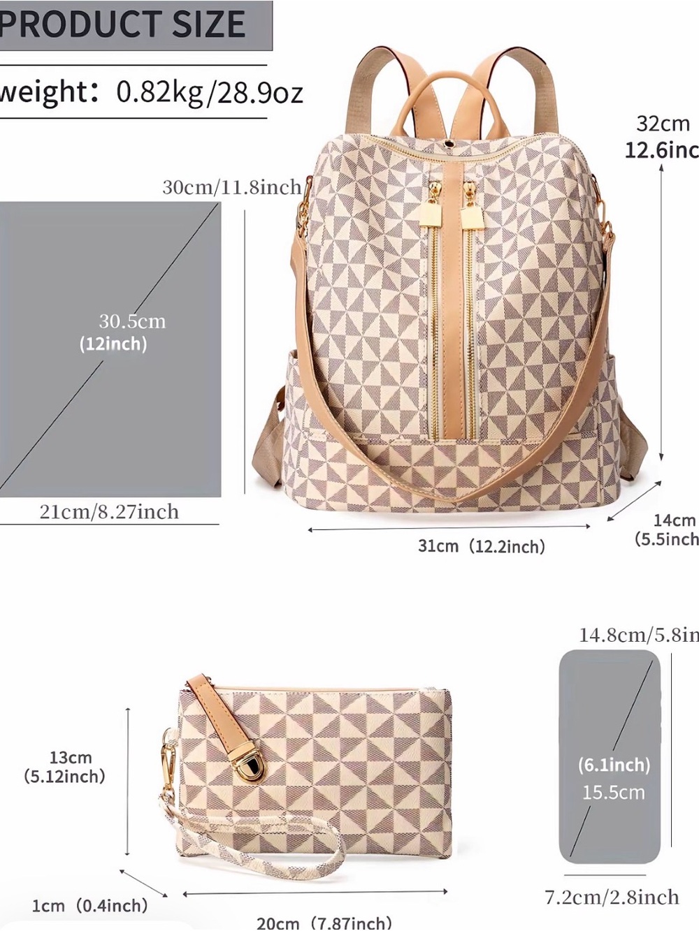Geometric Pattern Beige & Tan Backpack Handbag - Picture 5 of 5